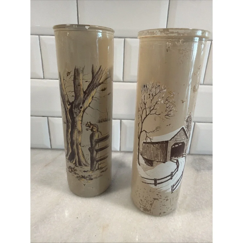 Vintage Set Of 2 Glass Pillar Candles Forest Covered Bridge Scenes
